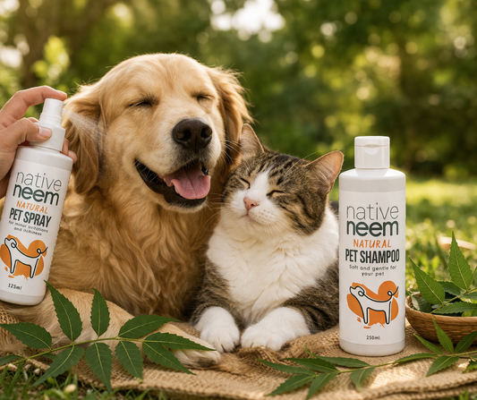 dog and cat with native neem pet spray and shampoo