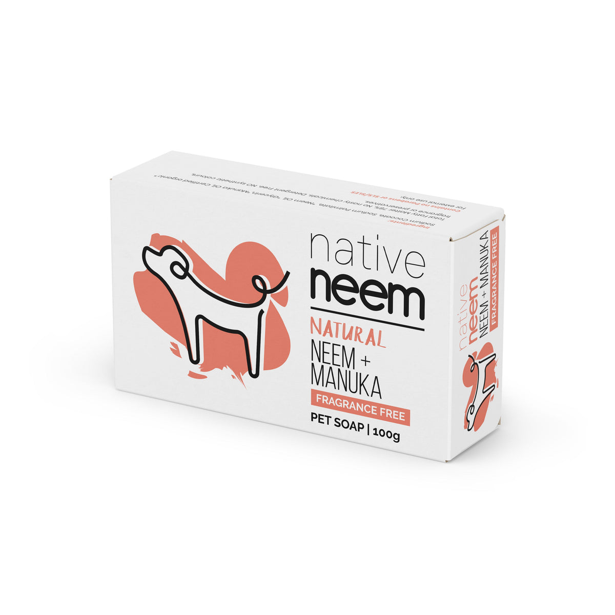 A white rectangular box of Native Neem Natural Neem + Manuka pet soap, featuring a stylized black dog outline over a coral-orange heart on the front, set against a plain white background.