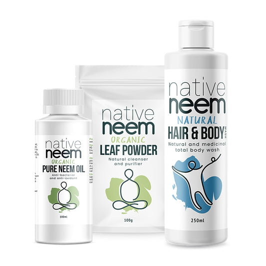 Native Neem Organic Eczema & Psoriasis Pack with pure neem oil, neem leaf powder and Hair & Body Wash